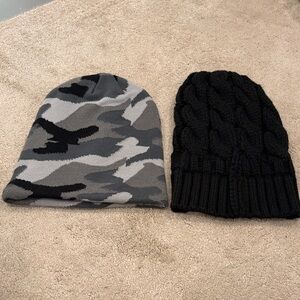Bundle of 2 Beanie Hats – Black Cable Knit + Gray Camo